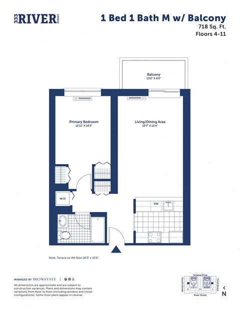 Floor plan for 1 bed, 1 bath, 718 sqft